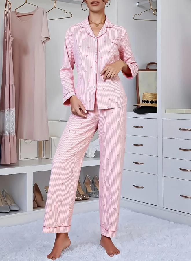 تايك تو طقم قميص وبنطال بيجاما بطبعة فيونكة ومقلم للنساء